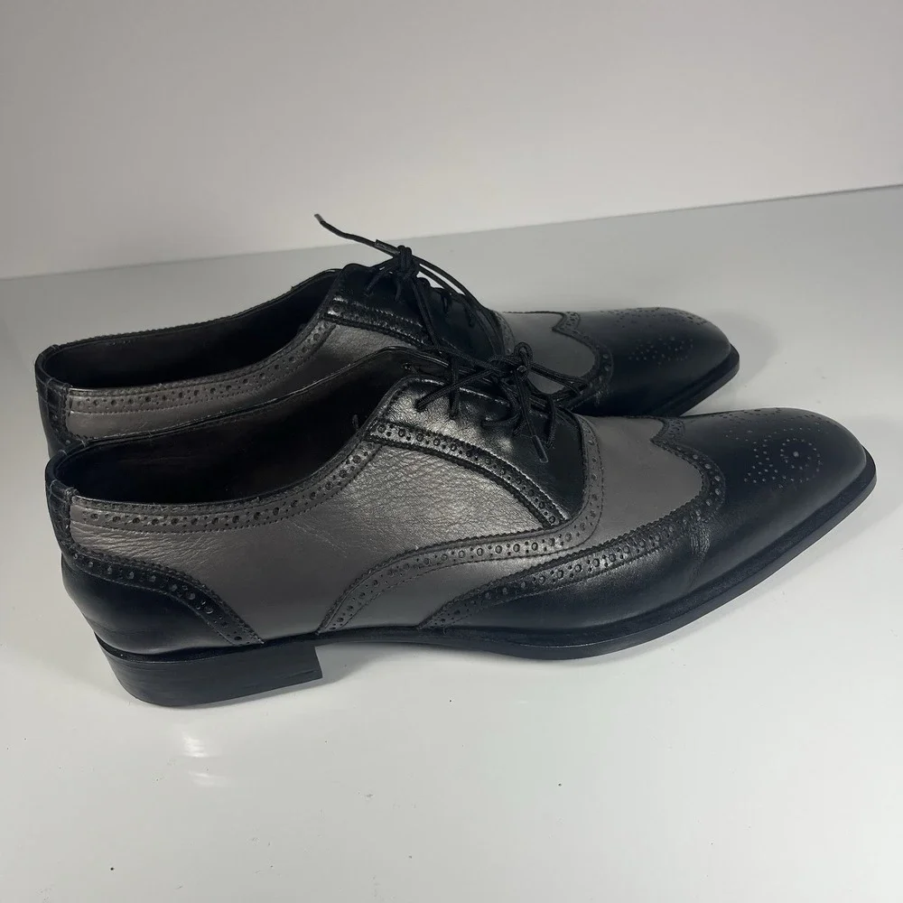 Hand Made‎ Black Gray Tan Leather Oxford Wingtip Size 14